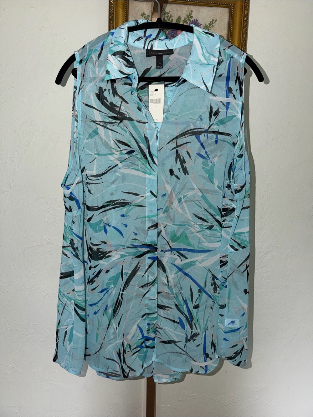Lane Bryant Aqua & Blue Abstract Sleeveless Collared Blouse size 22 NWT